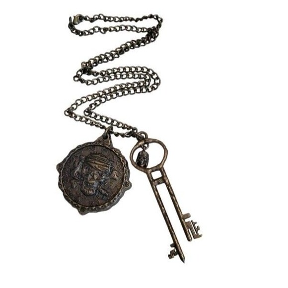 Official Disney The Pirates League Skull Medallion Skeleton Key Bronze Necklace - Picture 2 of 8